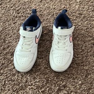 White pink and navy blue Nike sneakers for toddlers size 12